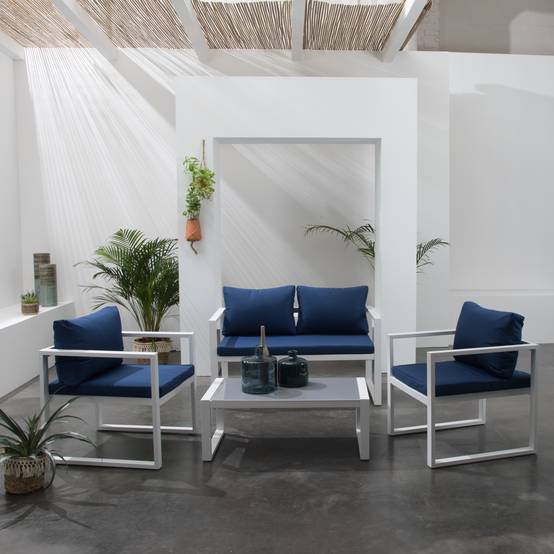 Salon de jardin IBIZA en tissu bleu 4 places - aluminium blanc - HAPPY GARDEN - Imagen 2