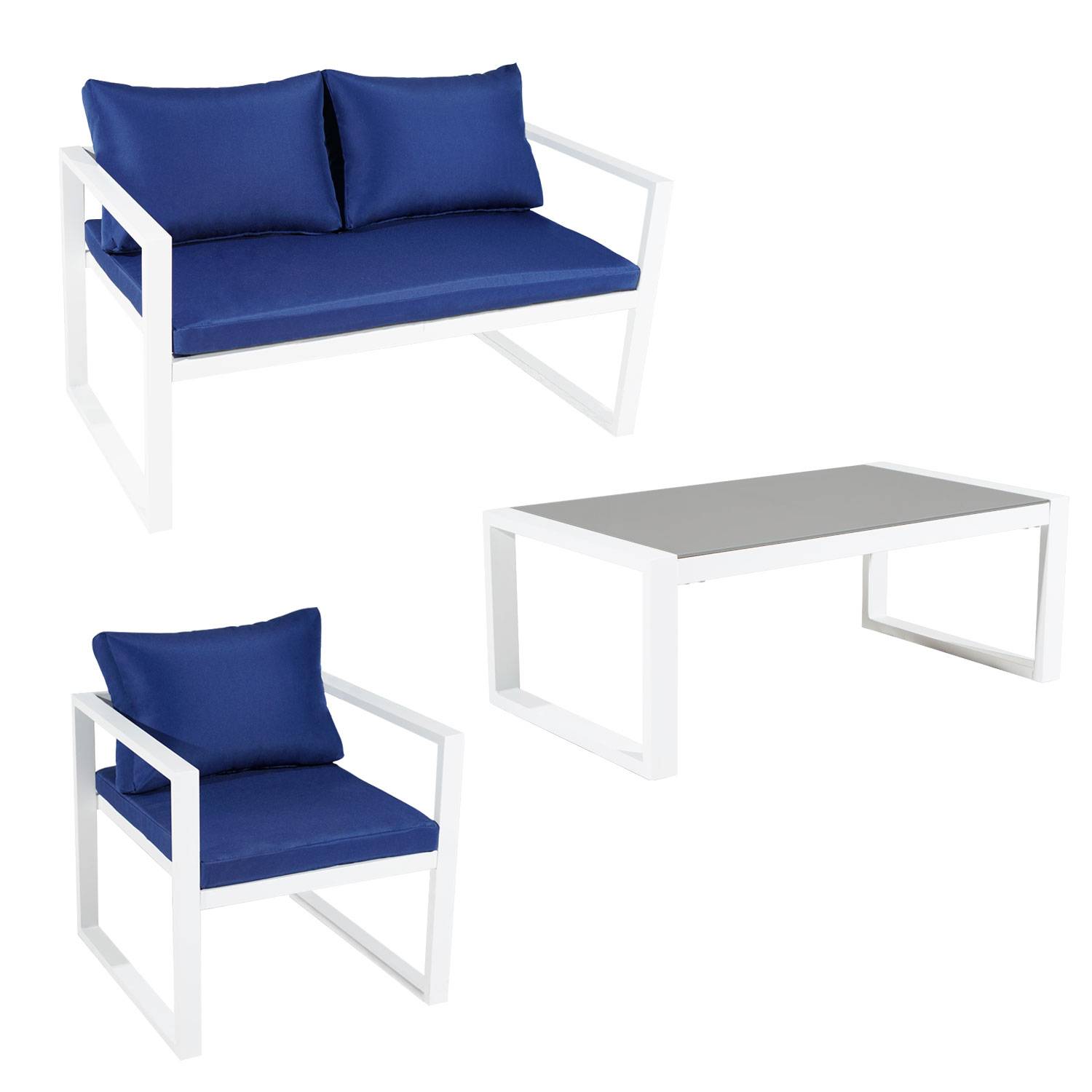 Salon de jardin IBIZA en tissu bleu 4 places - aluminium blanc - HAPPY GARDEN - Imagen 9