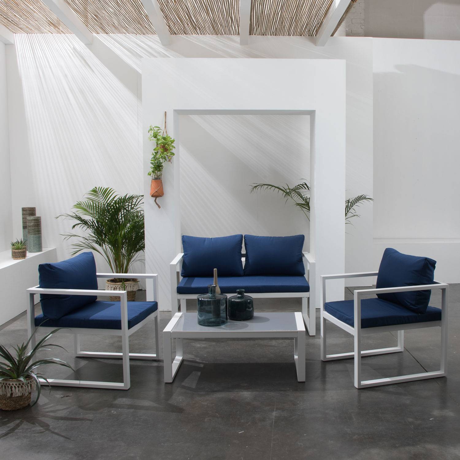 Salon de jardin IBIZA en tissu bleu 4 places - aluminium blanc - HAPPY GARDEN - Imagen 7