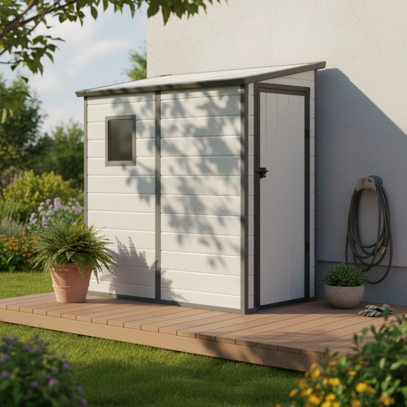 Abri de jardin adossé résine polypropylène 2,09m² gris clair avec kit de fondation Jôbu - Image 2