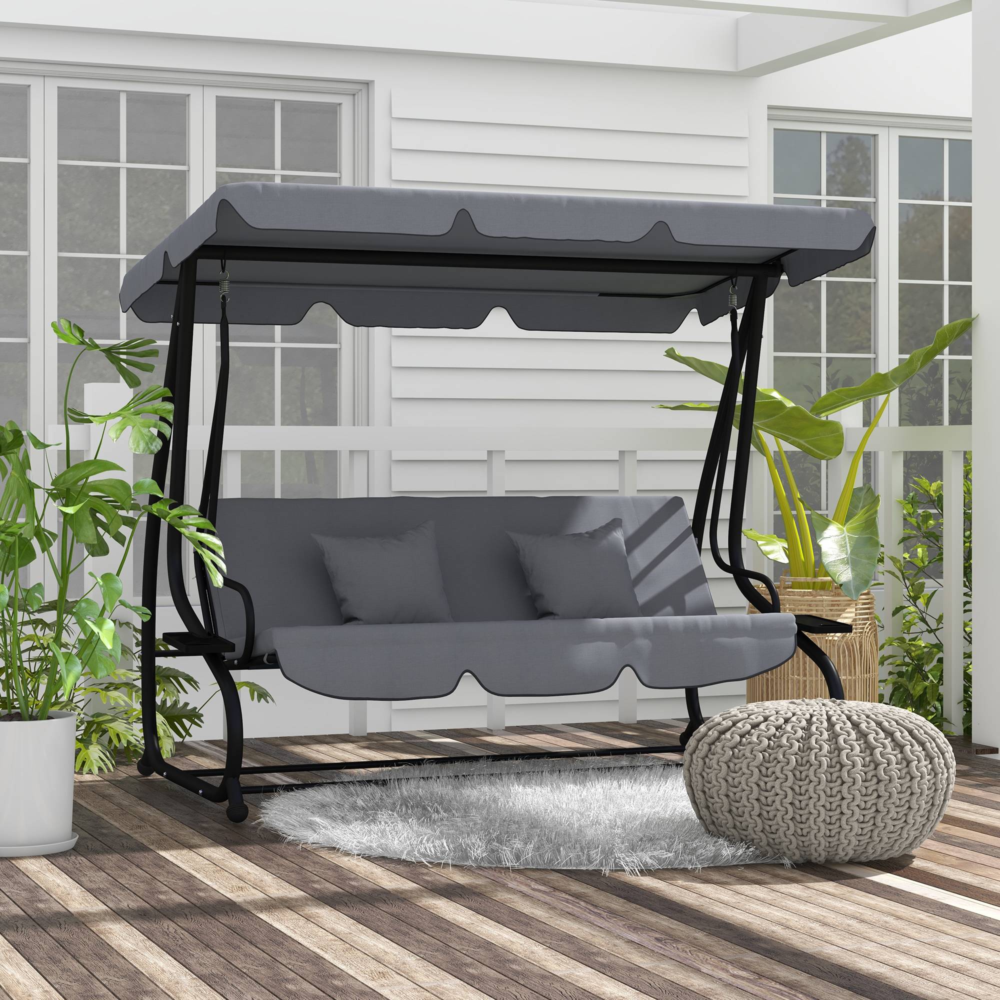 Balancelle convertible 3 places acier jardin toit inclinable et tablettes gris foncé - ComfortXL Outdoor Living - Image 4