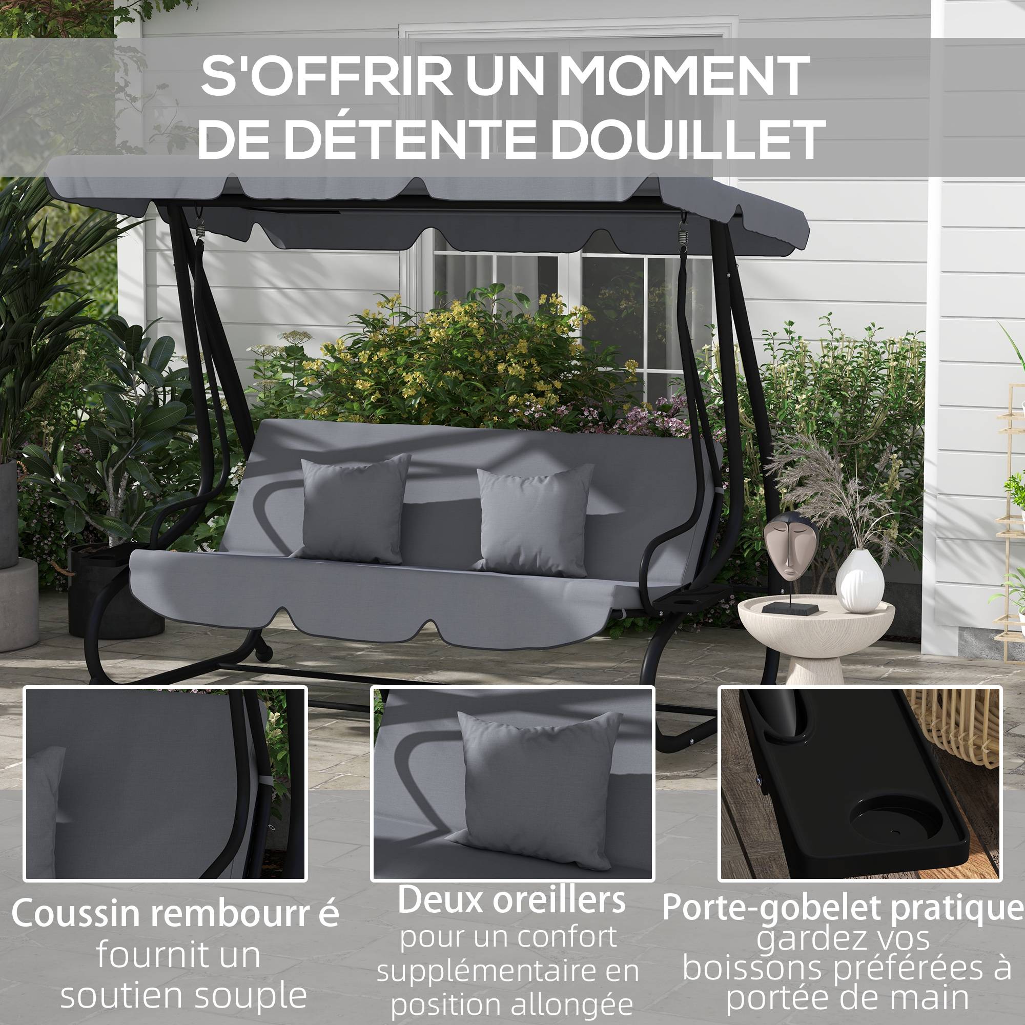 Balancelle convertible 3 places acier jardin toit inclinable et tablettes gris foncé - ComfortXL Outdoor Living - Image 9