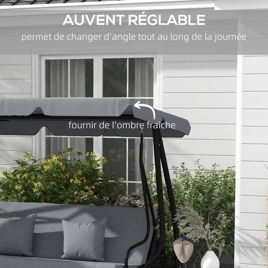 Balancelle convertible 3 places acier jardin toit inclinable et tablettes gris foncé - ComfortXL Outdoor Living - Image 7