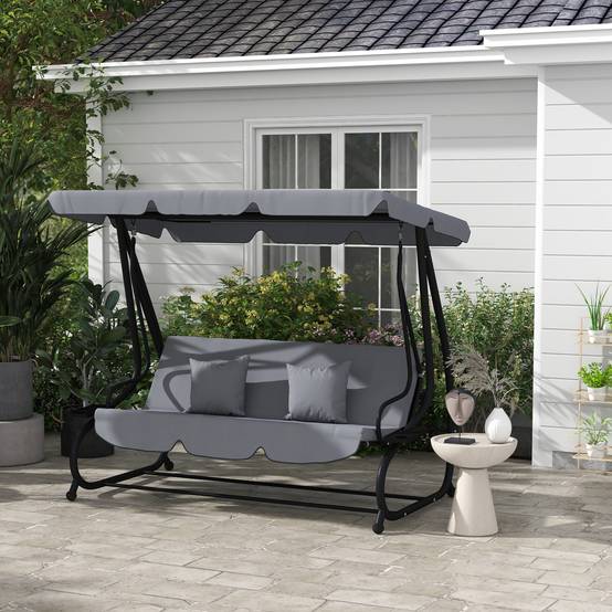Balancelle convertible 3 places acier jardin toit inclinable et tablettes gris foncé - ComfortXL Outdoor Living - Image 3