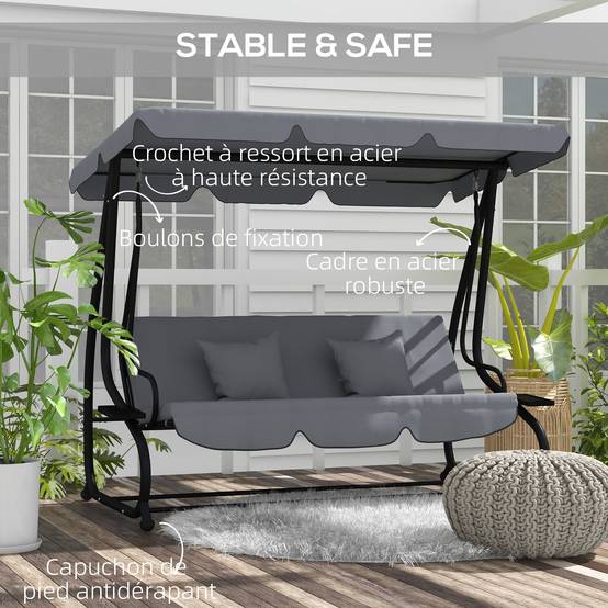 Balancelle convertible 3 places acier jardin toit inclinable et tablettes gris foncé - ComfortXL Outdoor Living - Image 8