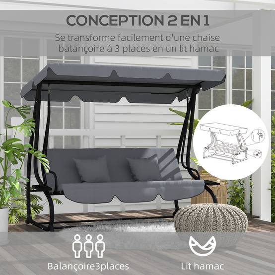 Balancelle convertible 3 places acier jardin toit inclinable et tablettes gris foncé - ComfortXL Outdoor Living - Image 6