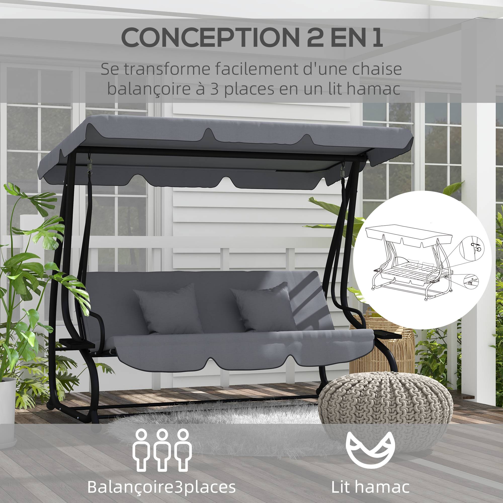 Balancelle convertible 3 places acier jardin toit inclinable et tablettes gris foncé - ComfortXL Outdoor Living - Image 6
