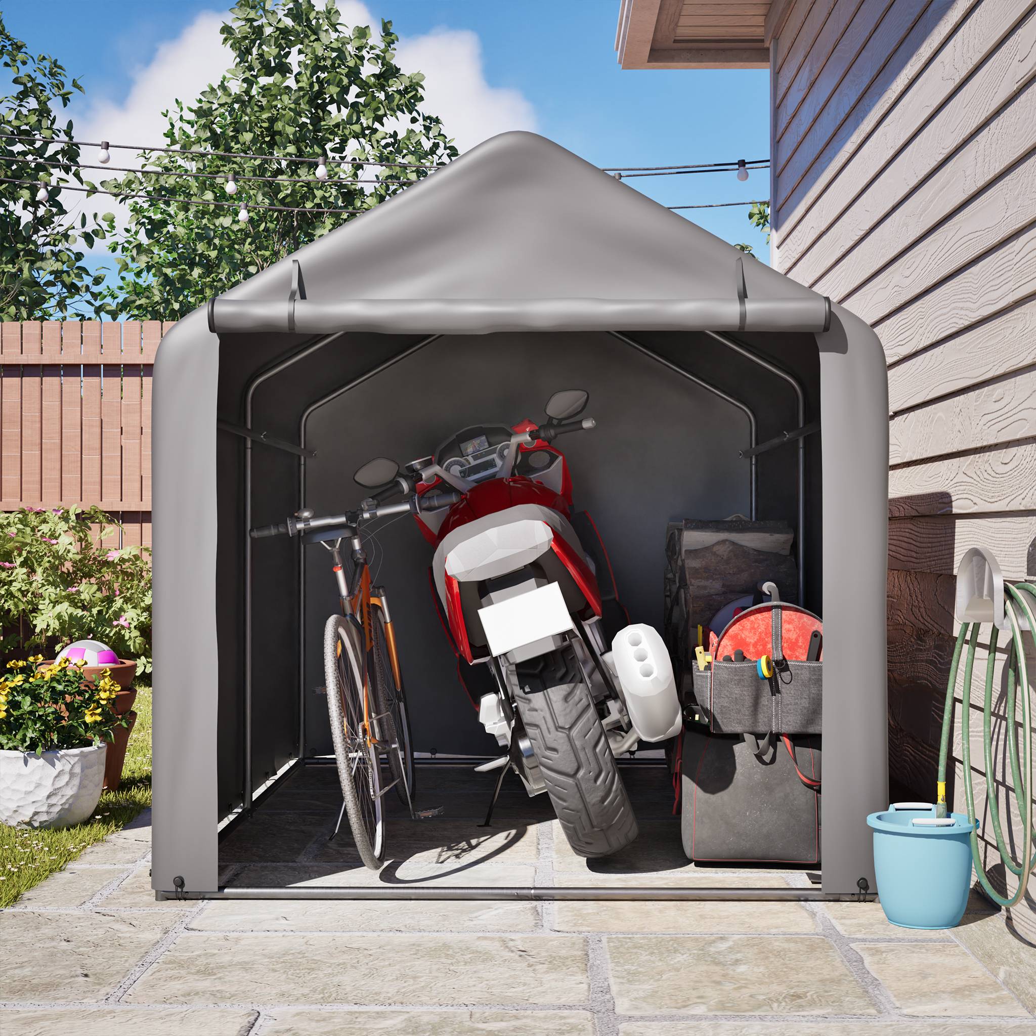 Garage à vélos 160x220x165cm cadre acier noir PE imperméable, porte roulante pour vélos et outils - Image 1