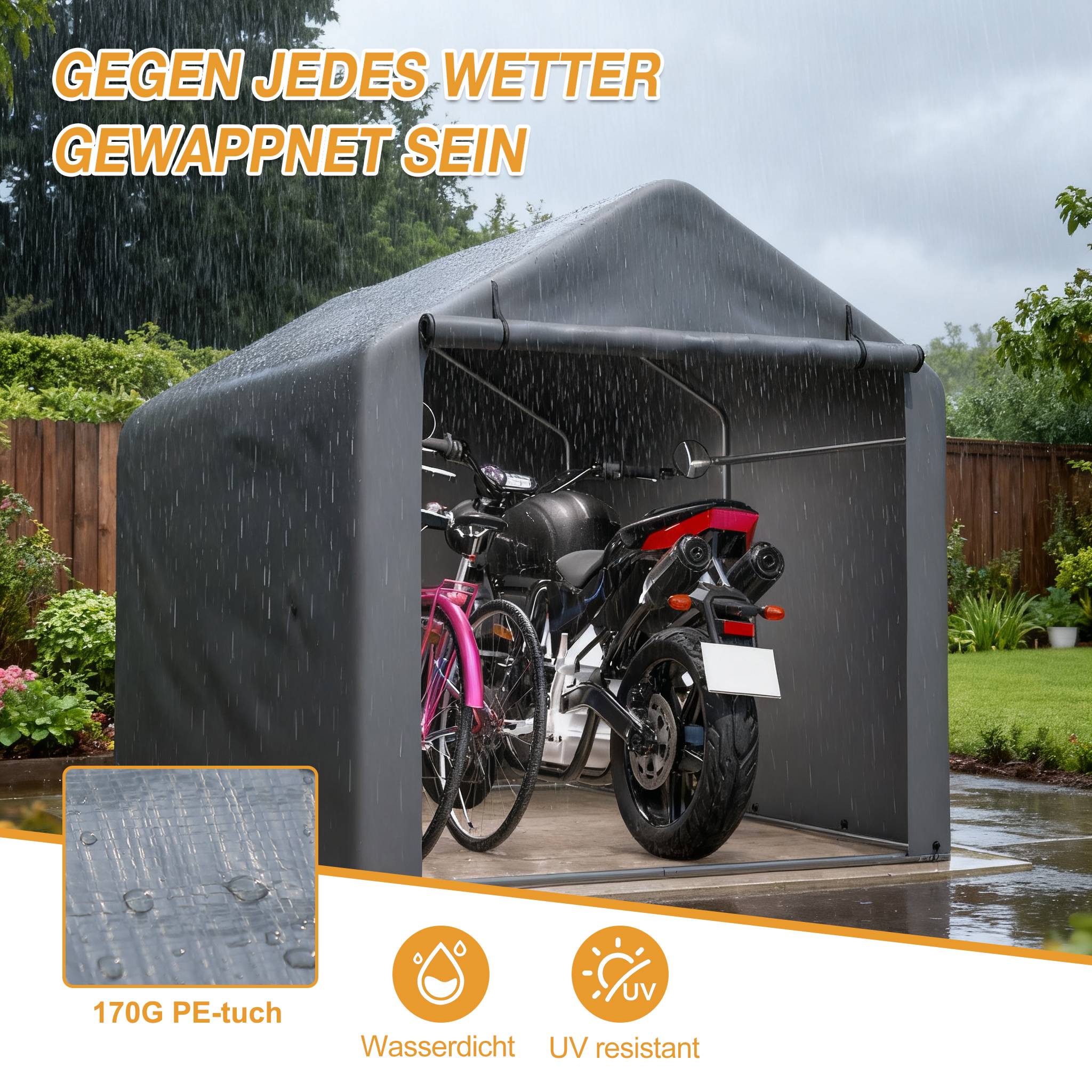 Garage à vélos 160x220x165cm cadre acier noir PE imperméable, porte roulante pour vélos et outils - Image 4