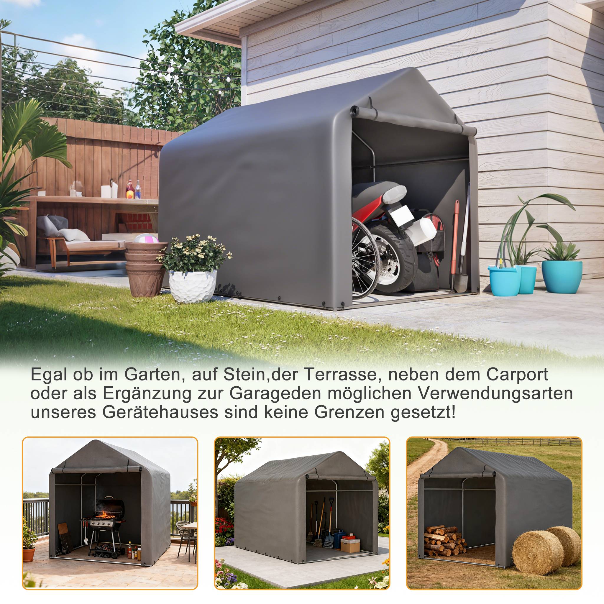 Garage à vélos 160x220x165cm cadre acier noir PE imperméable, porte roulante pour vélos et outils - Image 5