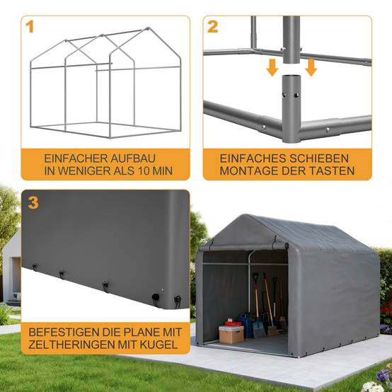 Garage à vélos 160x220x165cm cadre acier noir PE imperméable, porte roulante pour vélos et outils - Image 3