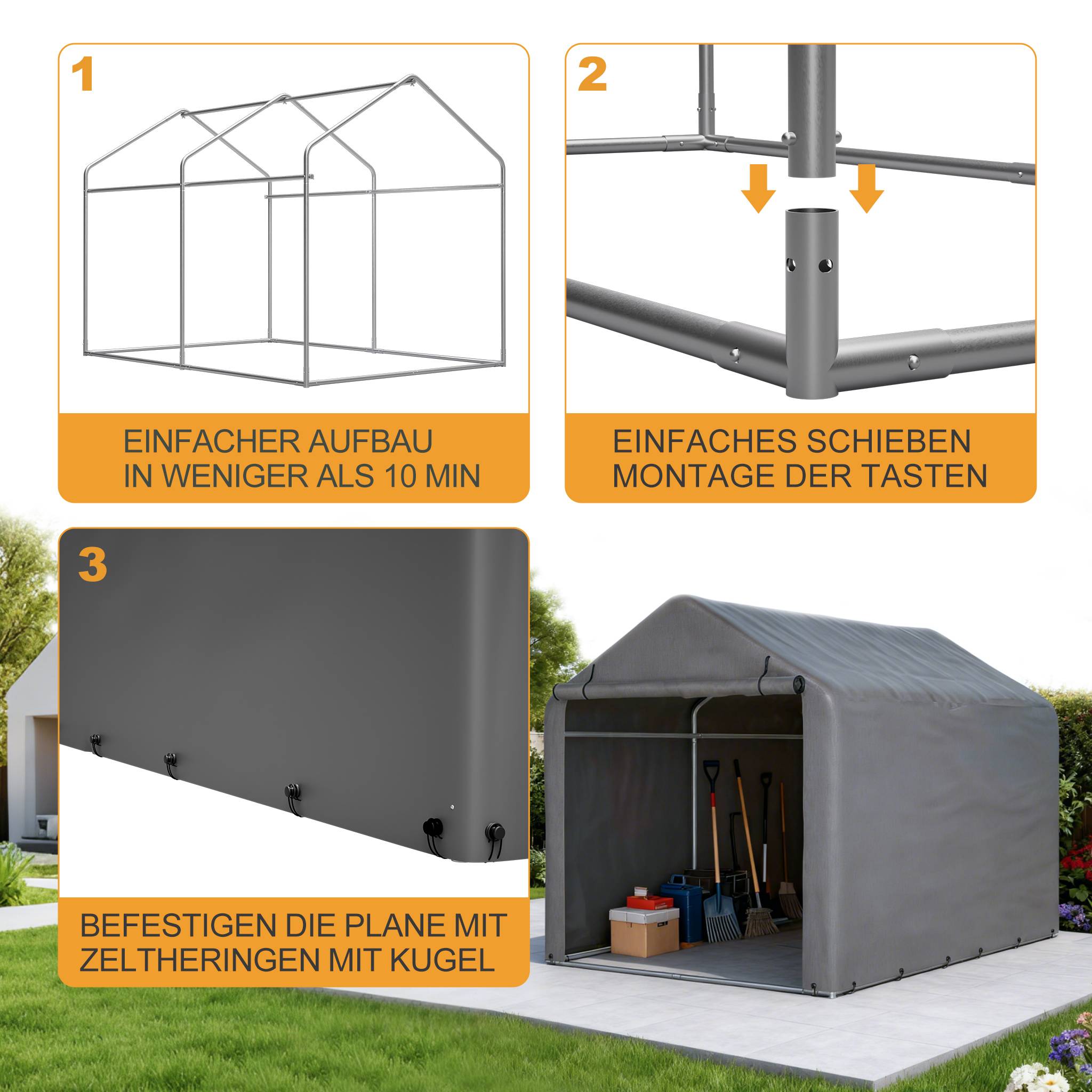 Garage à vélos 160x220x165cm cadre acier noir PE imperméable, porte roulante pour vélos et outils - Image 3
