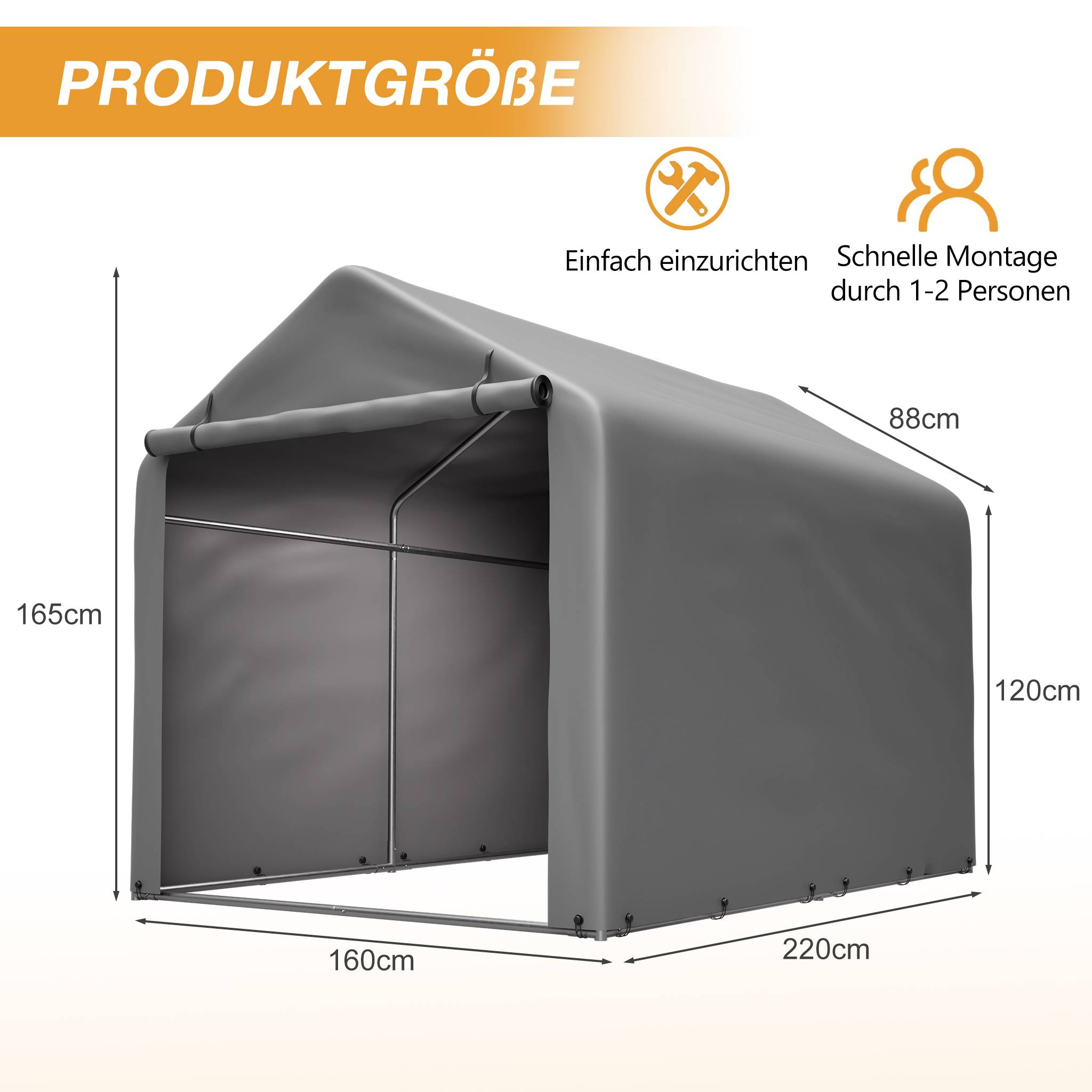 Garage à vélos 160x220x165cm cadre acier noir PE imperméable, porte roulante pour vélos et outils - Image 2