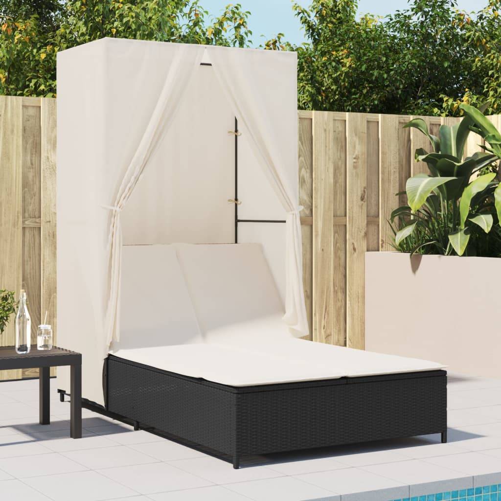 Chaise longue | Transat | Bain de soleil double avec toit et rideaux noir résine tressée - Image 3