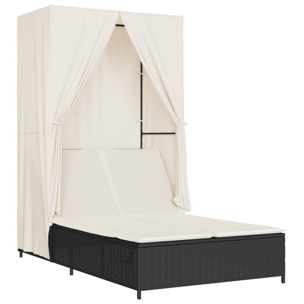 Chaise longue | Transat | Bain de soleil double avec toit et rideaux noir résine tressée - Image 1