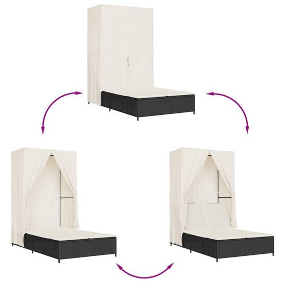 Chaise longue | Transat | Bain de soleil double avec toit et rideaux noir résine tressée - Image 7