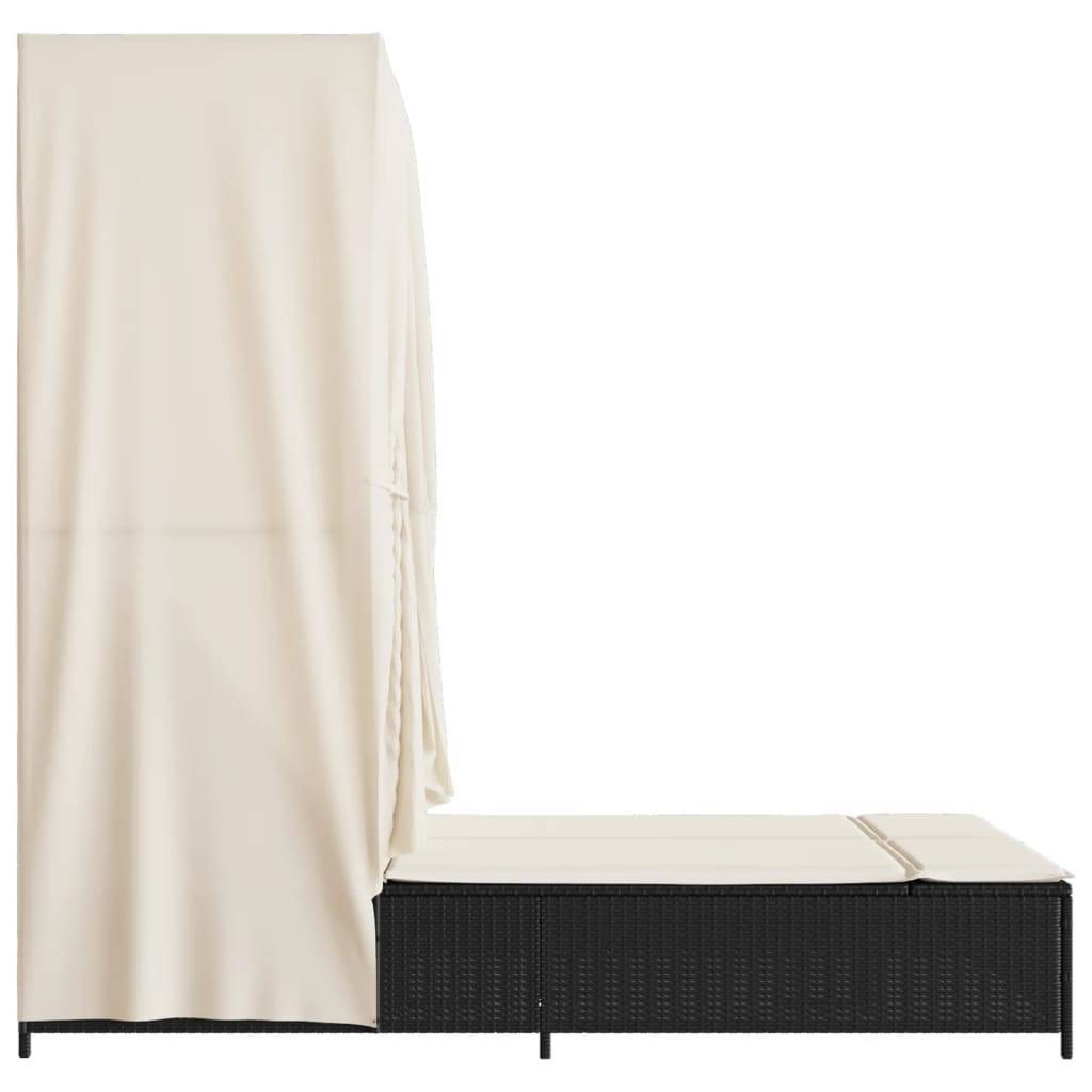 Chaise longue | Transat | Bain de soleil double avec toit et rideaux noir résine tressée - Image 5