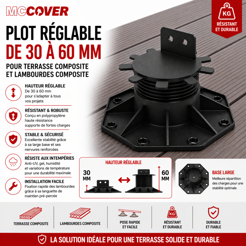 Plot réglable 30 à 60 mm pour terrasse bois et composite - support lambourde - Coloris - Noir - Image 2