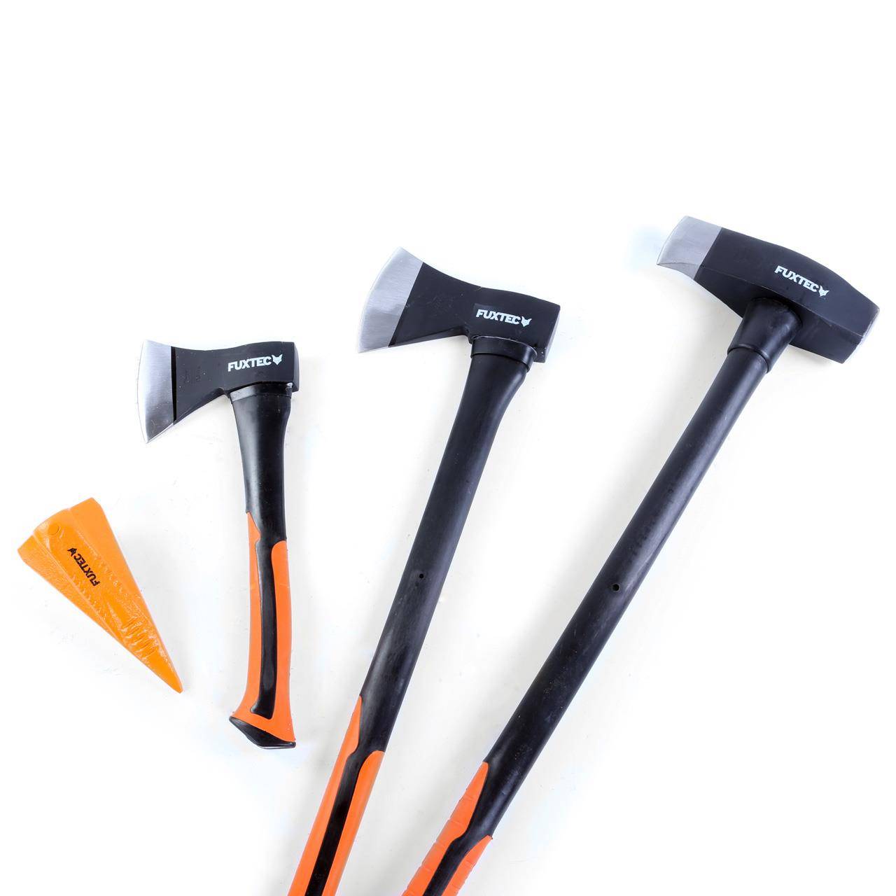 FUXTEC - Hachettes bois acier forgé - FUXTEC FX-AX4 - Set hachette 36cm + hache 69cm + hache de fendage 91cm + coin fendeur acier 1,8kg - Image 1