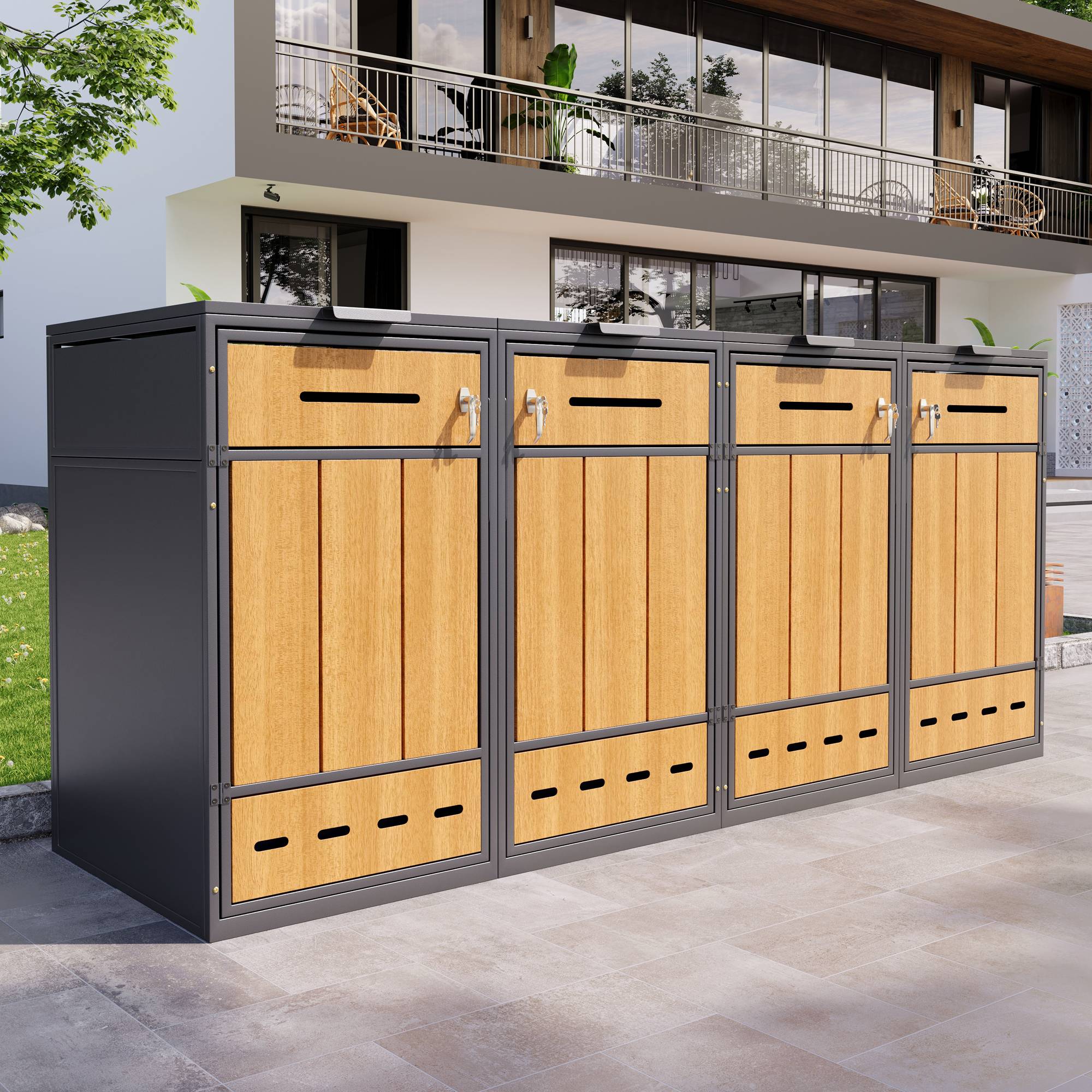 PANGIVO - Coffre à déchets en métal pour 4 poubelles 120-240L, avec ventilation et portes en bois, 132 x 84.5 x 118 cm - PANGIVO - Image 9