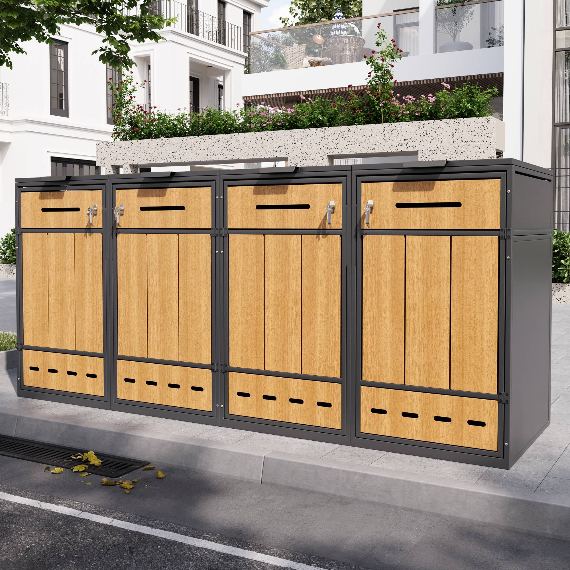 PANGIVO - Coffre à déchets en métal pour 4 poubelles 120-240L, avec ventilation et portes en bois, 132 x 84.5 x 118 cm - PANGIVO - Image 4