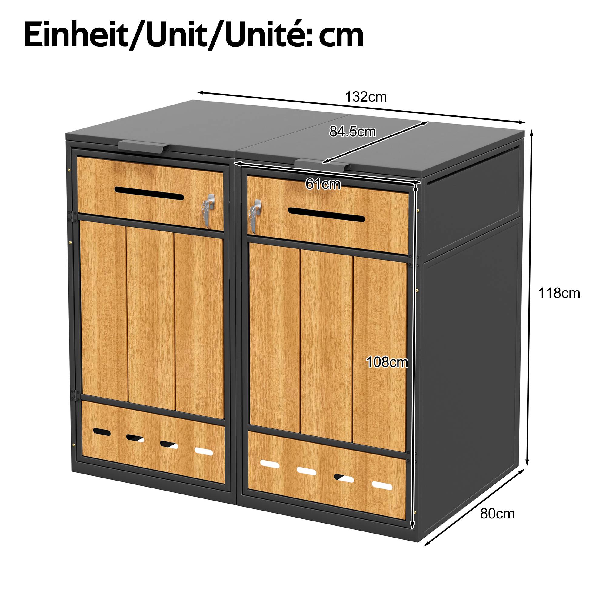 PANGIVO - Coffre à déchets en métal pour 4 poubelles 120-240L, avec ventilation et portes en bois, 132 x 84.5 x 118 cm - PANGIVO - Image 5