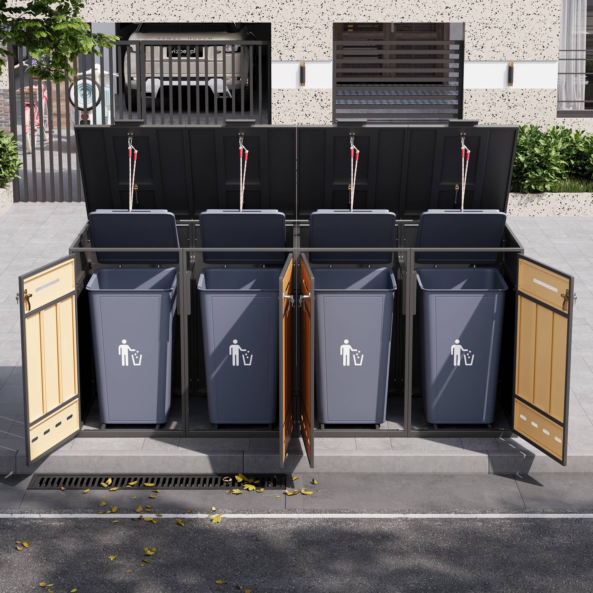 PANGIVO - Coffre à déchets en métal pour 4 poubelles 120-240L, avec ventilation et portes en bois, 132 x 84.5 x 118 cm - PANGIVO - Image 2