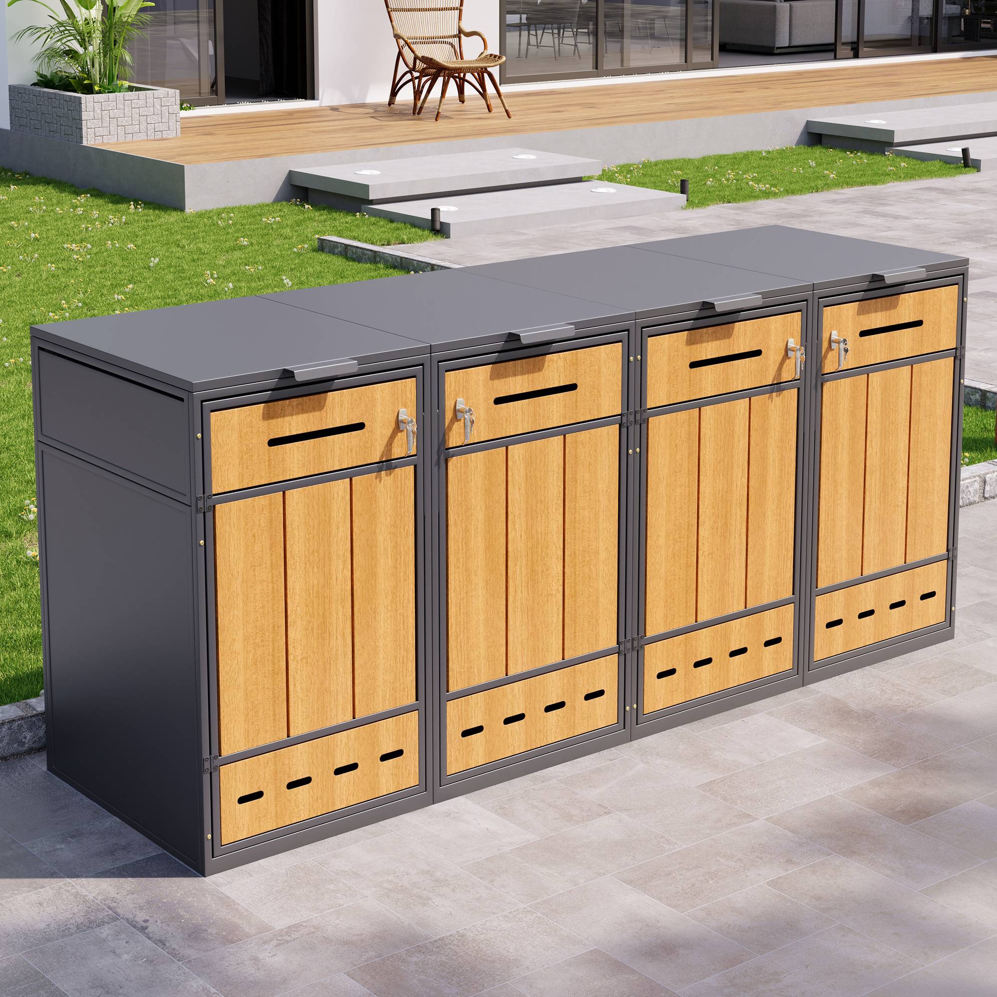 PANGIVO - Coffre à déchets en métal pour 4 poubelles 120-240L, avec ventilation et portes en bois, 132 x 84.5 x 118 cm - PANGIVO - Image 7