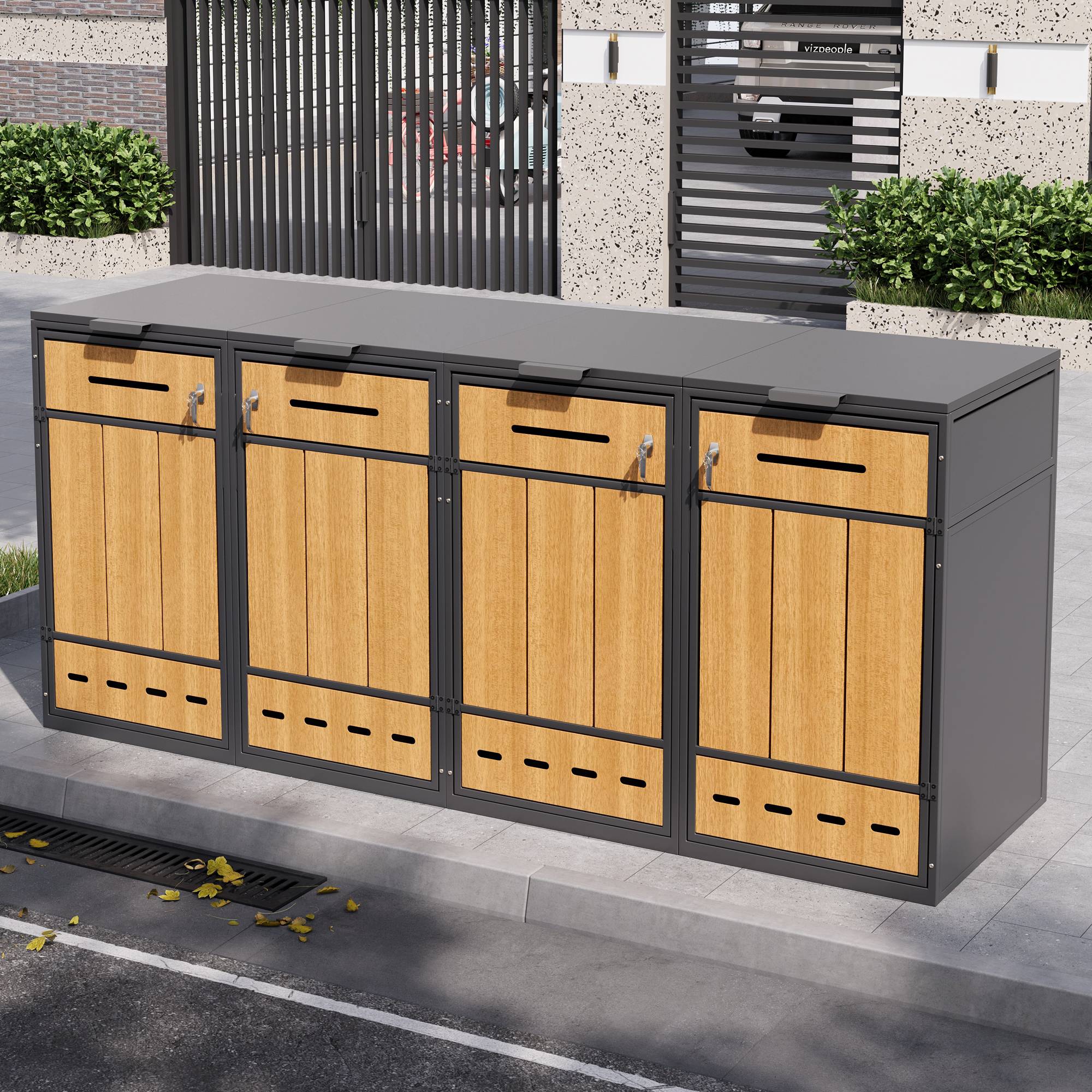 PANGIVO - Coffre à déchets en métal pour 4 poubelles 120-240L, avec ventilation et portes en bois, 132 x 84.5 x 118 cm - PANGIVO - Image 1