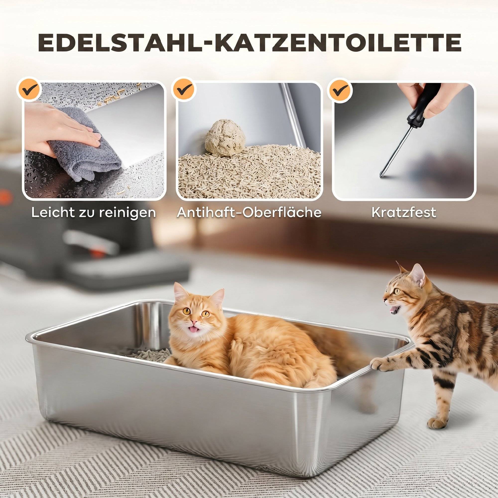 Sans Marque - Katzenklo XXL Edelstahl Katzentoilette 130L mit 180° Klappdeckel Hohen Seitenwänden Schaufel Trittstufe 70x50x43cm Grau - Image 5