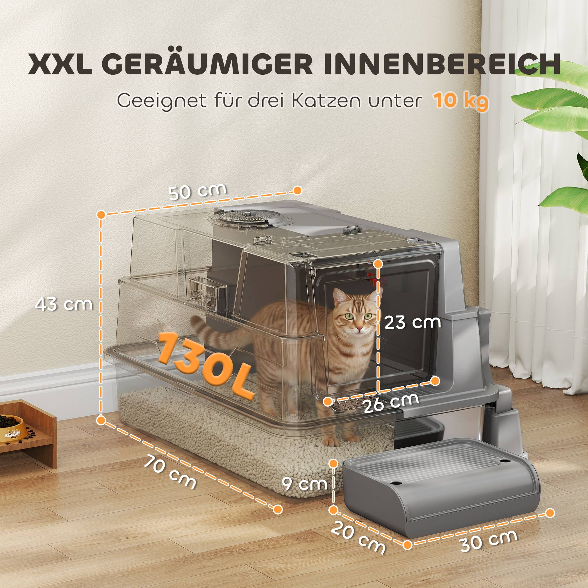 Sans Marque - Katzenklo XXL Edelstahl Katzentoilette 130L mit 180° Klappdeckel Hohen Seitenwänden Schaufel Trittstufe 70x50x43cm Grau - Image 4