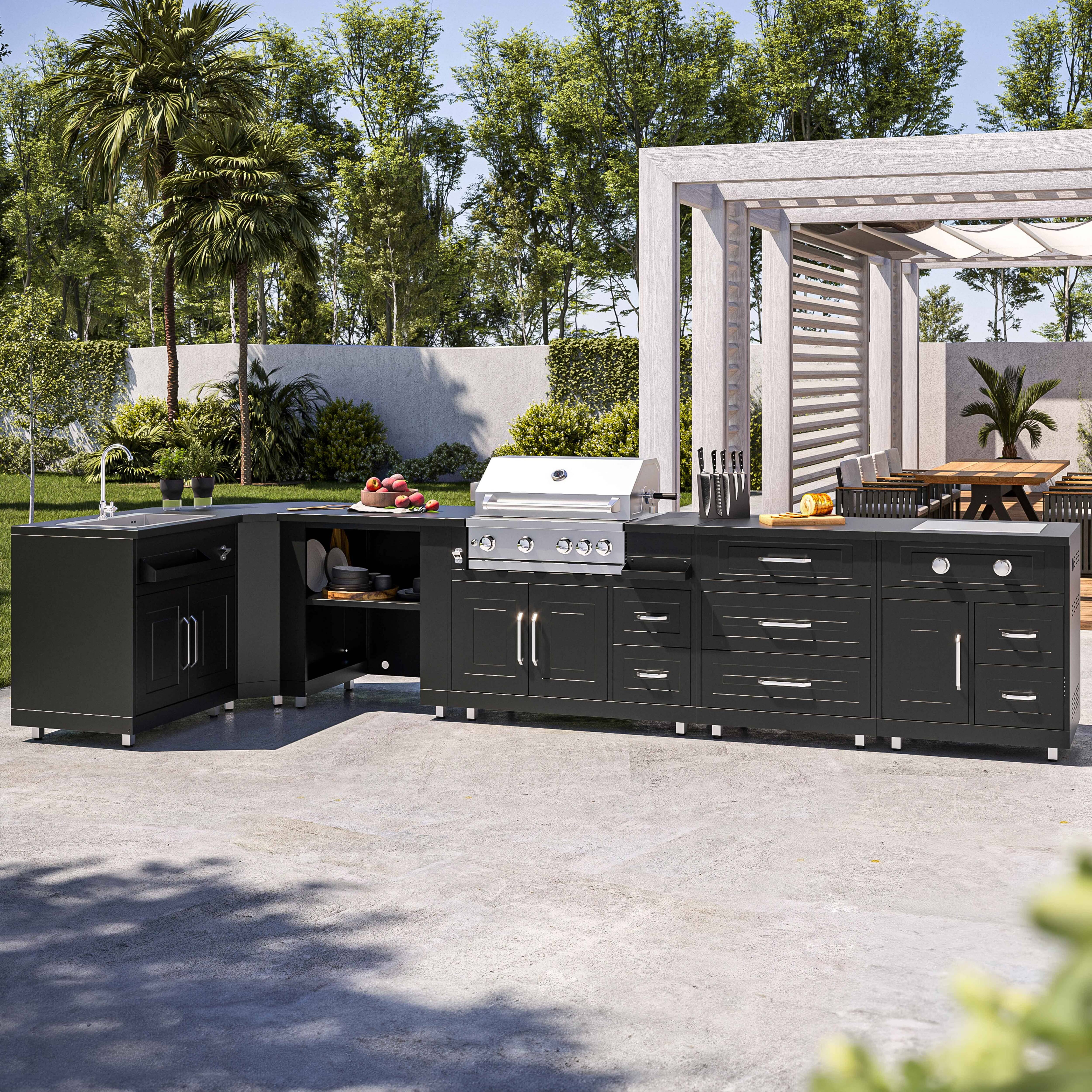 Oviala - Cuisine d'extérieur angle 6 éléments dont 2 modules de cuisson/évier Memphis - Oviala - Imagen 1