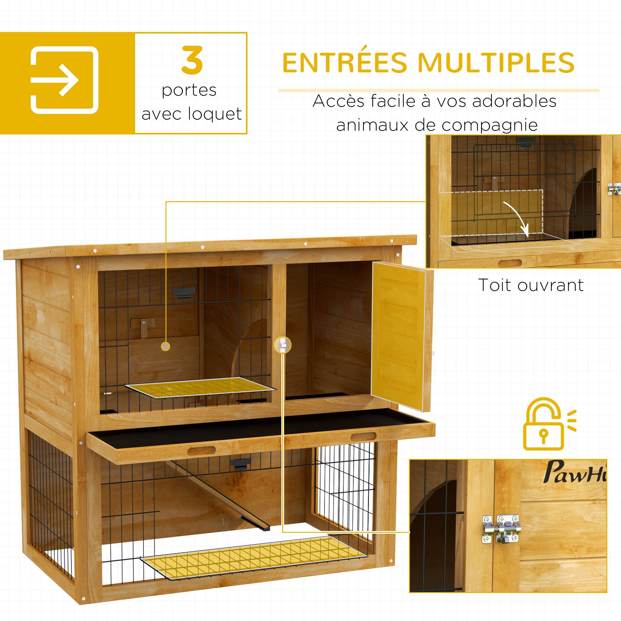 Clapier lapin bois pour petit extérieur 2 niveaux toit bitumé 85cm jaune - ComfortXL Outdoor Living - Image 6