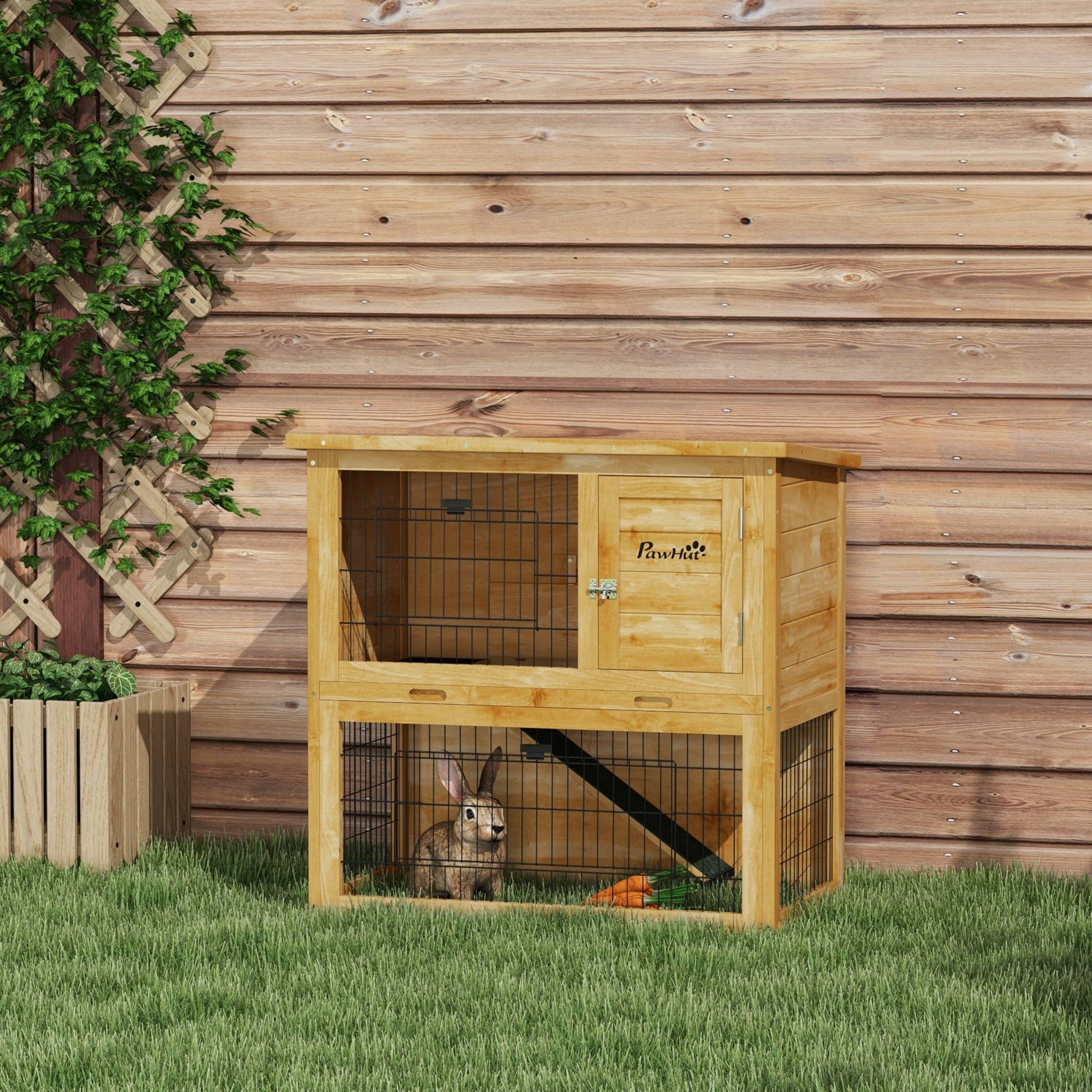 Clapier lapin bois pour petit extérieur 2 niveaux toit bitumé 85cm jaune - ComfortXL Outdoor Living - Image 4