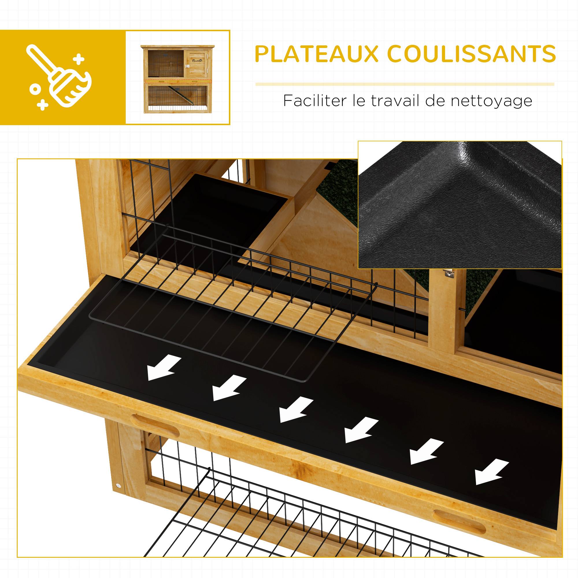 Clapier lapin bois pour petit extérieur 2 niveaux toit bitumé 85cm jaune - ComfortXL Outdoor Living - Image 8