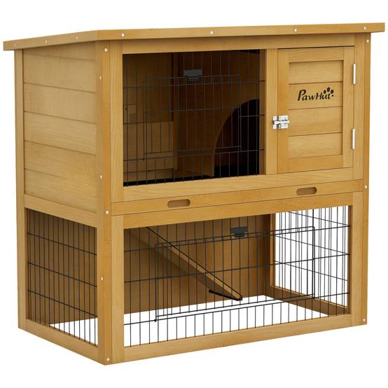 Clapier lapin bois pour petit extérieur 2 niveaux toit bitumé 85cm jaune - ComfortXL Outdoor Living - Image 1