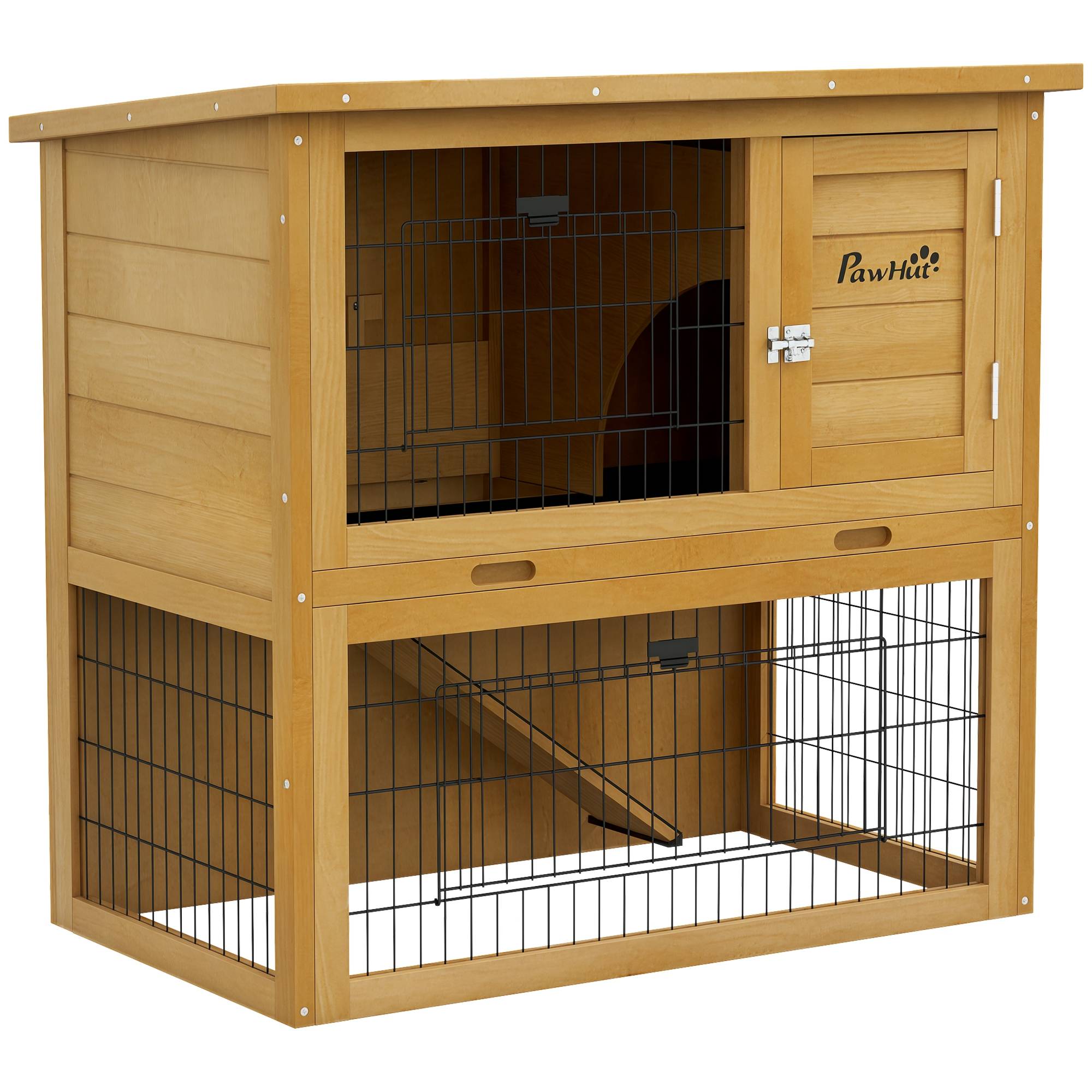 Clapier lapin bois pour petit extérieur 2 niveaux toit bitumé 85cm jaune - ComfortXL Outdoor Living - Image 1