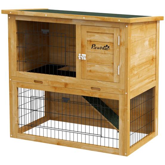 Clapier lapin bois pour petit extérieur 2 niveaux toit bitumé 85cm jaune - ComfortXL Outdoor Living - Image 2