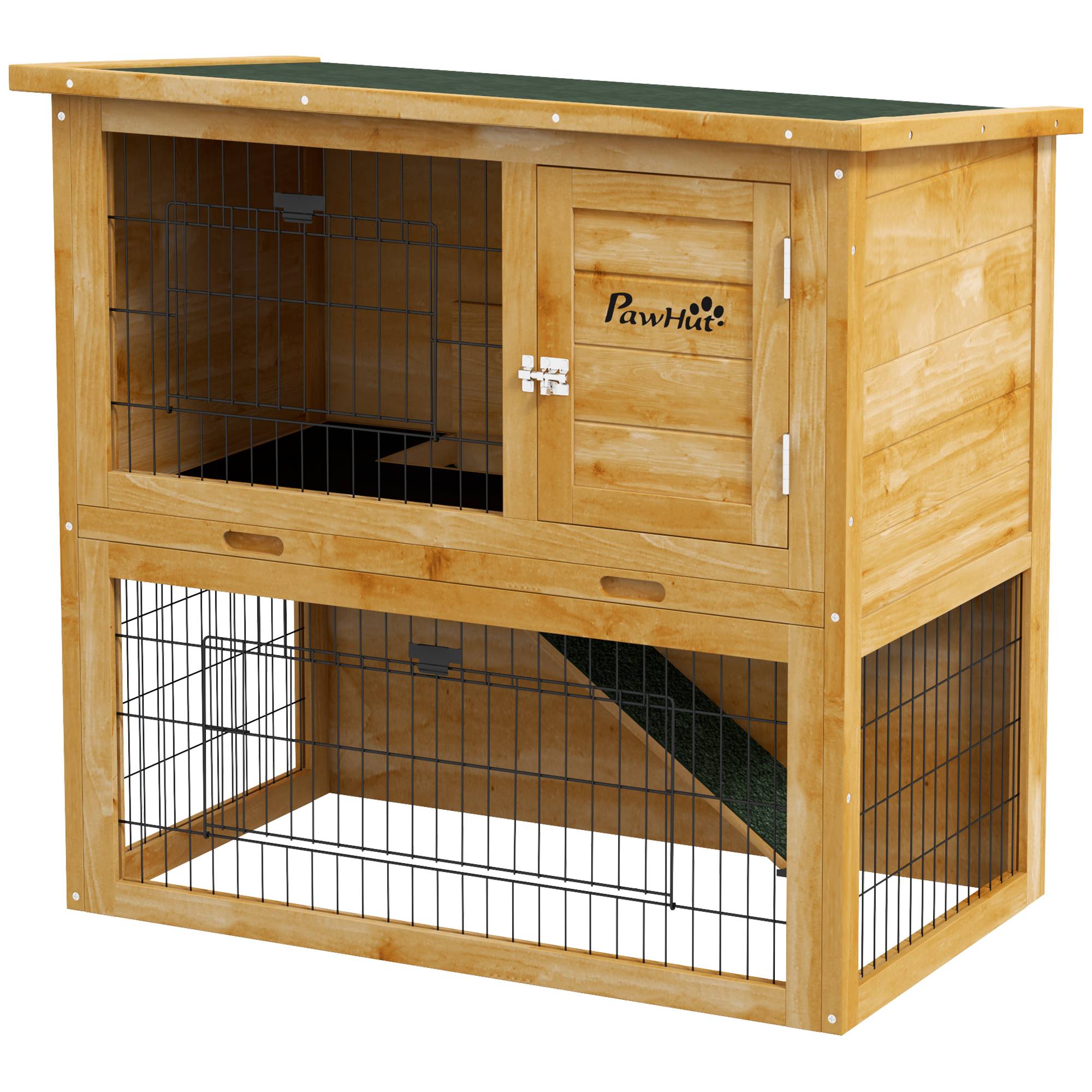 Clapier lapin bois pour petit extérieur 2 niveaux toit bitumé 85cm jaune - ComfortXL Outdoor Living - Image 2