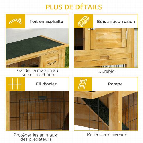 Clapier lapin bois pour petit extérieur 2 niveaux toit bitumé 85cm jaune - ComfortXL Outdoor Living - Image 9