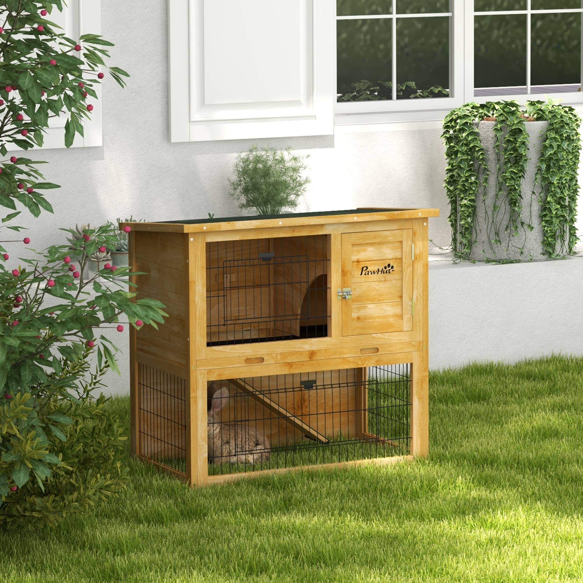 Clapier lapin bois pour petit extérieur 2 niveaux toit bitumé 85cm jaune - ComfortXL Outdoor Living - Image 3