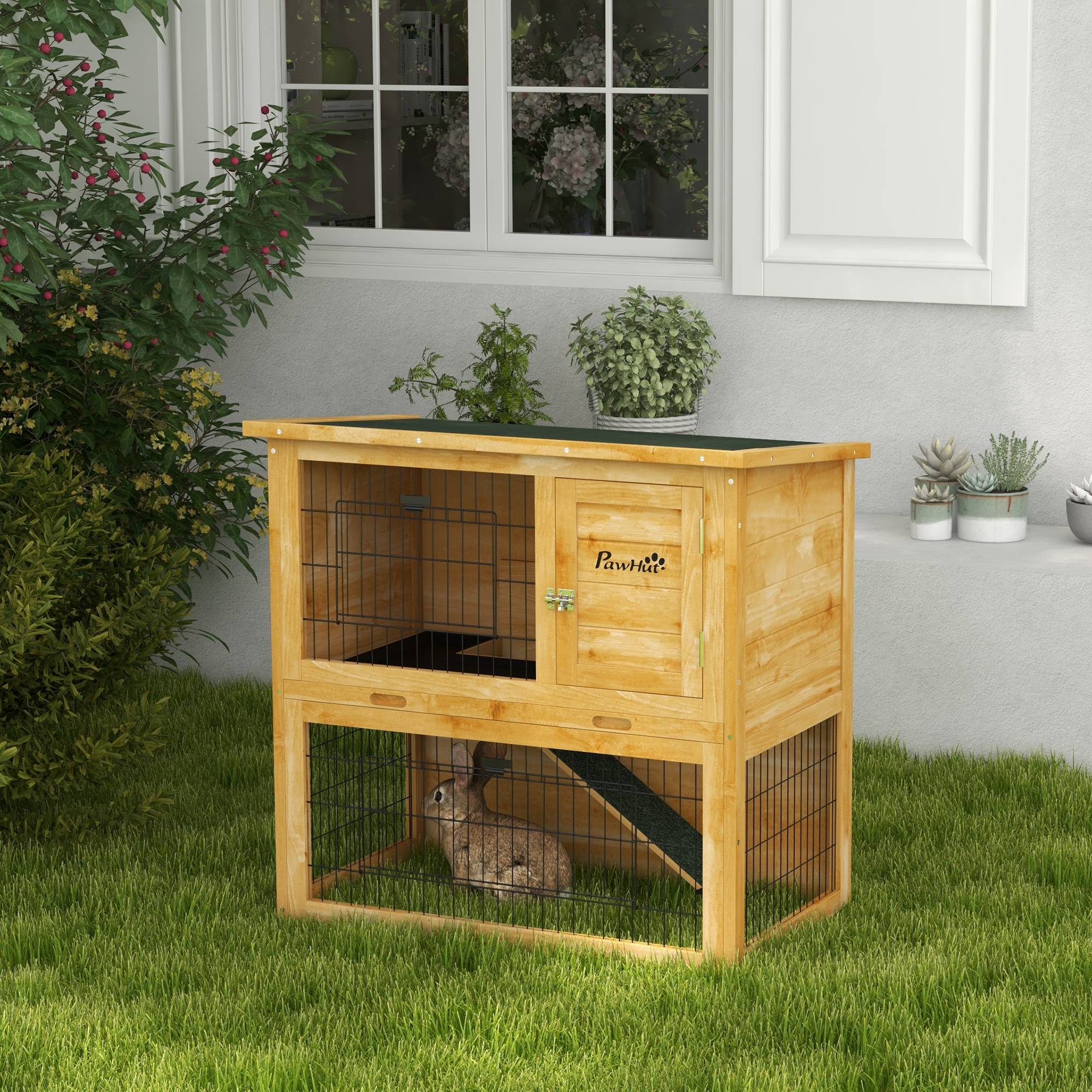 Clapier lapin bois pour petit extérieur 2 niveaux toit bitumé 85cm jaune - ComfortXL Outdoor Living - Image 10