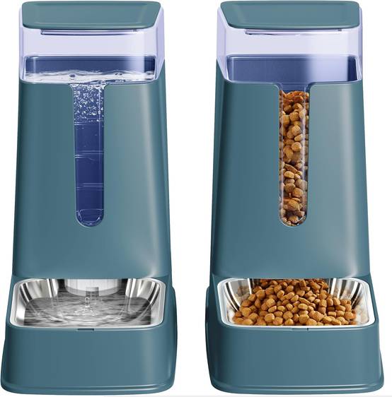 Lot de 2 distributeurs automatiques de Nourriture et d'eau pour Chat de Petite, Moyenne et Grande Taille Acier inoxydable cyan Vendos85