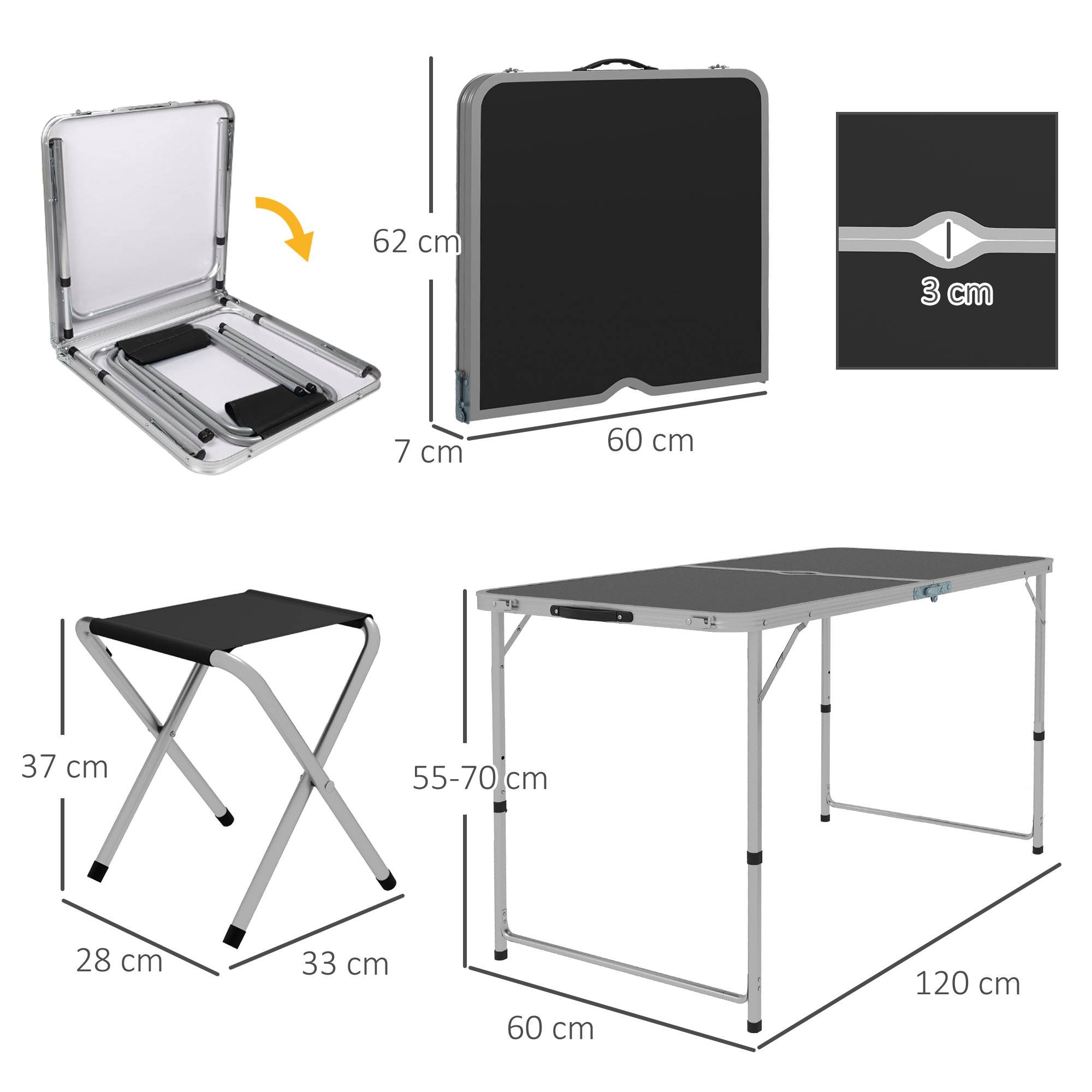 Ensemble table et chaises de camping aluminium gris foncé 120 x 60 x 70 cm - PANGIVO - Image 5
