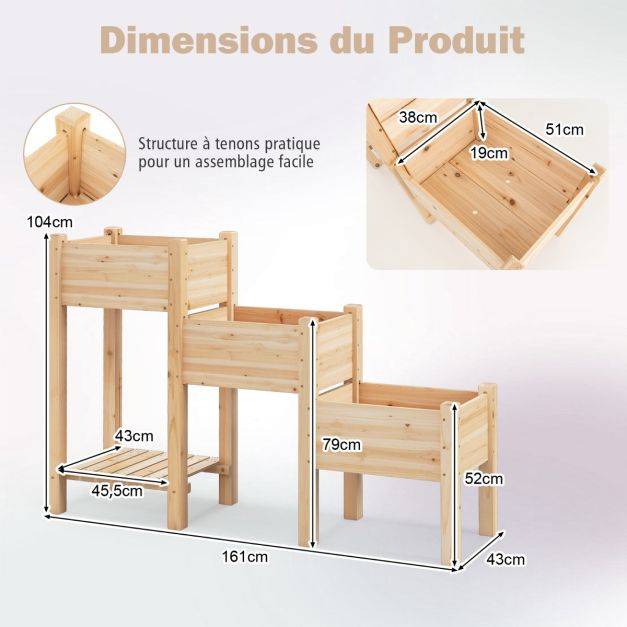 Helloshop26 - Jardinière surélevée en bois de sapin 3 bacs à fleurs trous de drainage peinture DIY jardinière sur pieds légumes fleurs naturel - Imagen 3