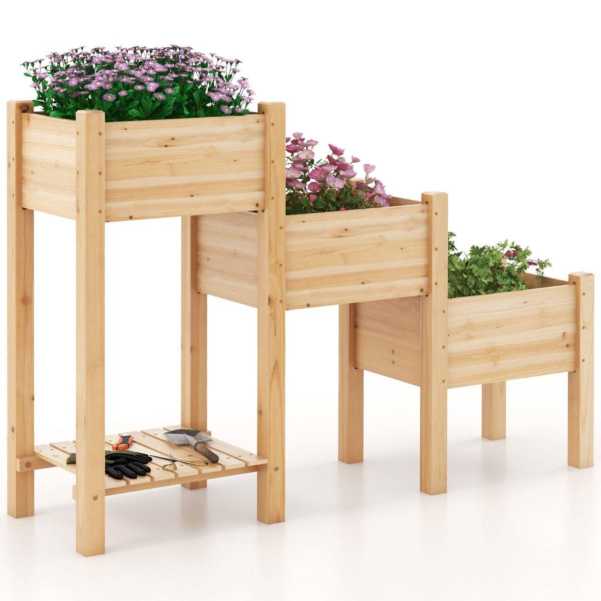 Helloshop26 - Jardinière surélevée en bois de sapin 3 bacs à fleurs trous de drainage peinture DIY jardinière sur pieds légumes fleurs naturel - Imagen 1