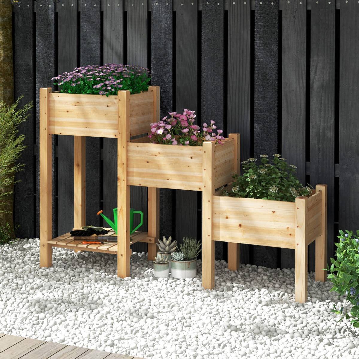 Helloshop26 - Jardinière surélevée en bois de sapin 3 bacs à fleurs trous de drainage peinture DIY jardinière sur pieds légumes fleurs naturel - Imagen 2