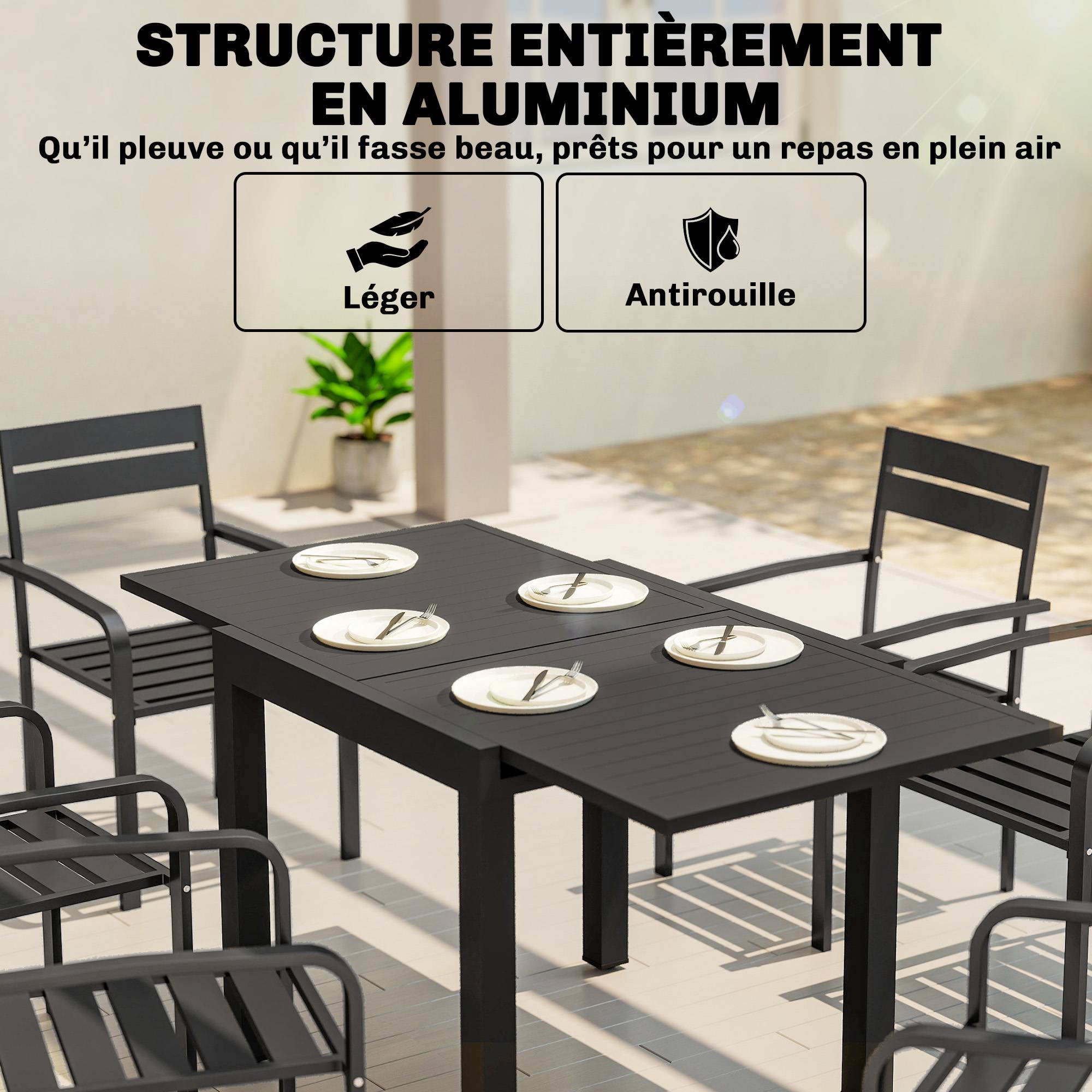 Outsunny - Table de jardin extensible 4-6 personnes avec rallonge auto-stockée - aluminium - 80-160x80cm - noir - Image 8