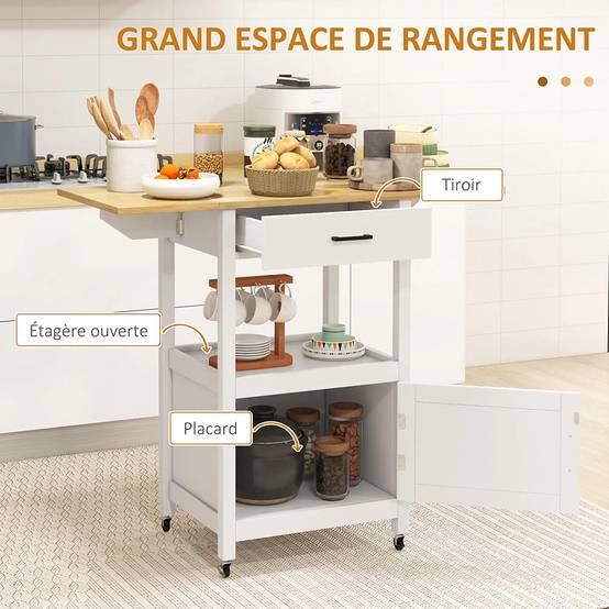 Chariot de service desserte de cuisine à roulettes meuble de rangement plateau pliable tiroir étagère et armoire - Image 3