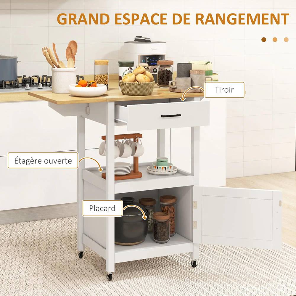 Chariot de service desserte de cuisine à roulettes meuble de rangement plateau pliable tiroir étagère et armoire - Image 3